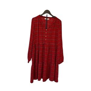 LOFT Red Plaid Ruffle Neck Swing Dress Tiered Babydoll Long Sleeve Size L